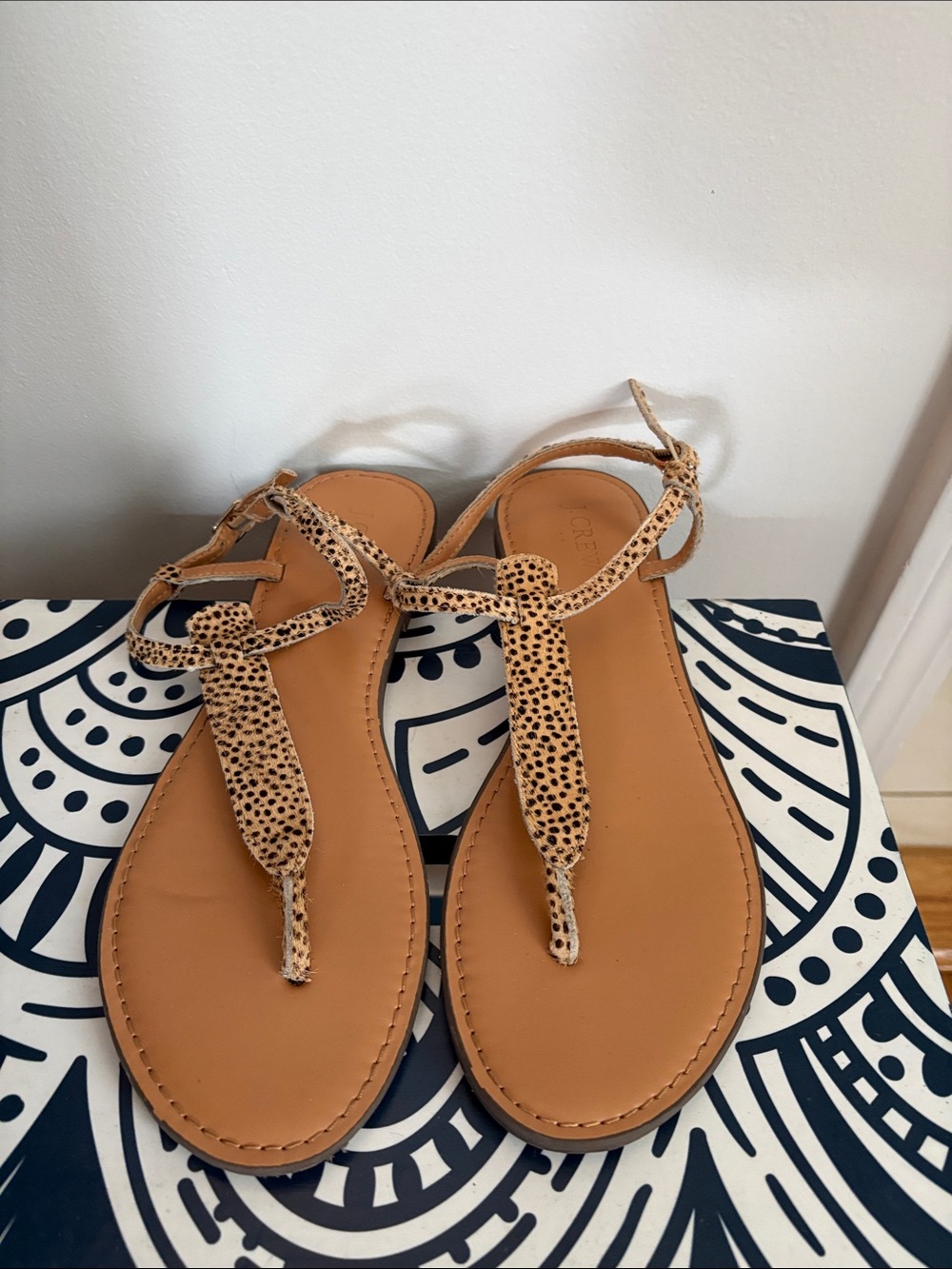 J. Crew Leopard-Print T-Strap Sandals in Tan